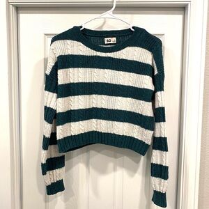 SO Women's Cable Knit Striped Sweater - Teal and Cream
